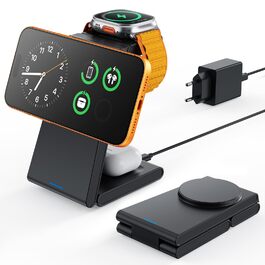 Зарядний пристрій 3-в-1 GEEKERA MagSafe для Apple Watch, iPhone (12-17) та AirPods, індуктивне зарядне, чорний матовий