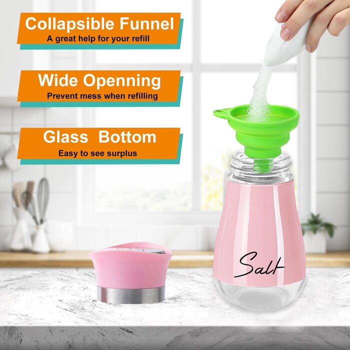 Набір для солі та перцю з нержавіючої сталі з скляною пляшечкою, дозатор спецій, кухонне приладдя для дому, кухні, ресторану, обіднього столу (Рожевий)