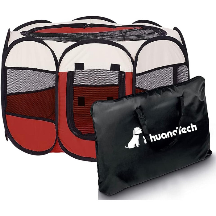 Клітка-манеж для тварин XhuangTech: собаки, коти, цуценята, 80x80x58.4 см, м'який матеріал, портативна, складна, для дому та вулиці, бежево-червона