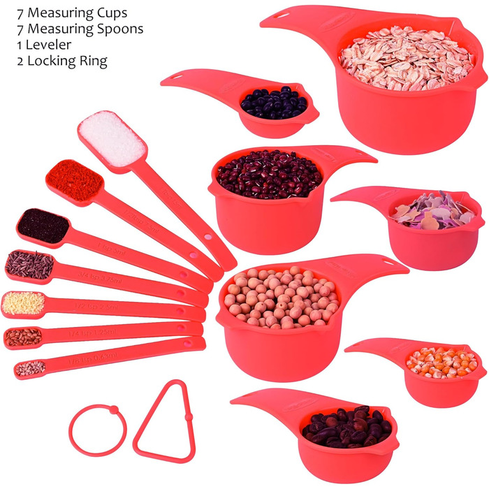 Kalsrei Measuring Cup and Spoon Set, Red, 15 Piece, 7 Plastic Measuring Cups, 7 Spice Measuring Spoons with Long Handle, and 1 Leveler for Kitchen and Baking, Dry Metric Measuring Cups and