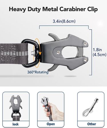Тактична собача повід Joytale, 1.2м-1.8м, еластична, з двома зручними ручками, автофіксатор, повід без ривка для великих собак, сірий