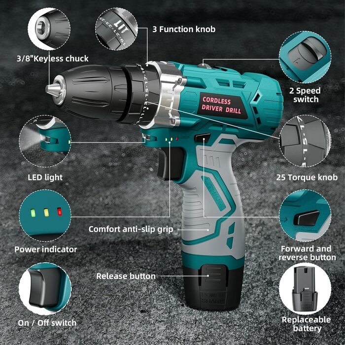 Акумуляторний шуруповерт 12V, 25 Nm, 2×2000mAh, 25+3 ступні крутного моменту, 24 шт. аксесуарів & кейс – для дому, DIY та монтажу меблів RT1028-H