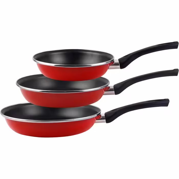 MAGEFESA Grana Frying Pan Set, 3-piece, 18/20/24 cm, enameled steel, red exterior, two-layer non-stick coating, suitable for all cooktops, especially induction, 50% energy saving.