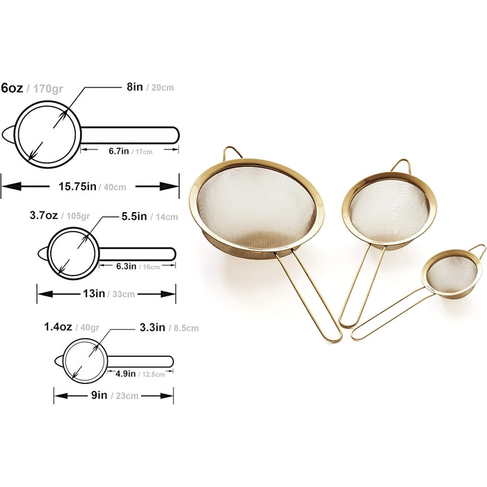 Proto Future High-Quality Kitchen Sieves Set, Fine Mesh - 8.5/14/20cm - Premium 304 Stainless Steel - Durable Sieves in Golden Color, Sieve Set for the Kitchen