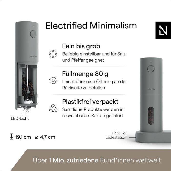 Електричні млини для солі та перцю LARS NYSØM 2 шт. з регульованою керамічною жорном (від грубого до дрібного помелу) - Чорний онікс та Сірий попіл