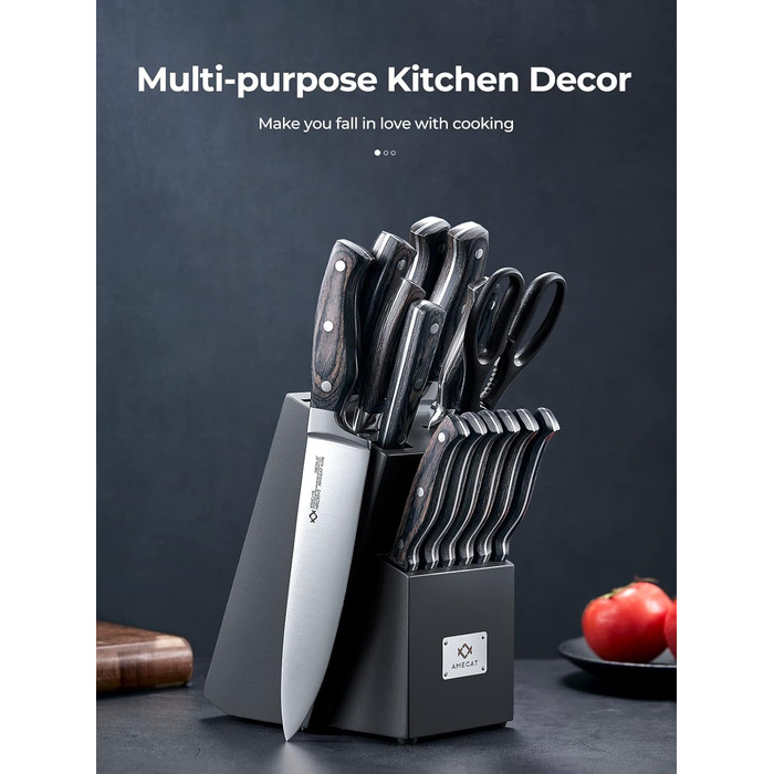 AMEGAT Self-Sharpening Knife Block Set with Carving Fork - Premium Stainless Steel Knife Set with Wooden Block - Vollerl & 3-Rivets Design