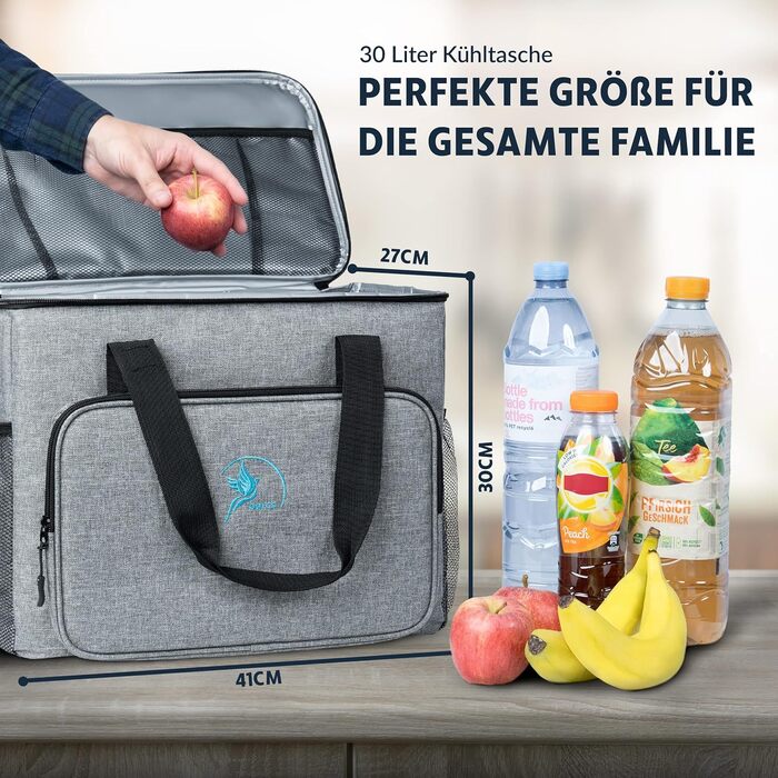 Термосумка 20L/30L (складний) охолоджує до 12 годин - ізольована сумка-шопер та ланчбокс з відкривачем для пляшок, вологостійкий матеріал PEVA для роботи, офісу, пікніка, покупок та будівництва (30 літрів, сіра)