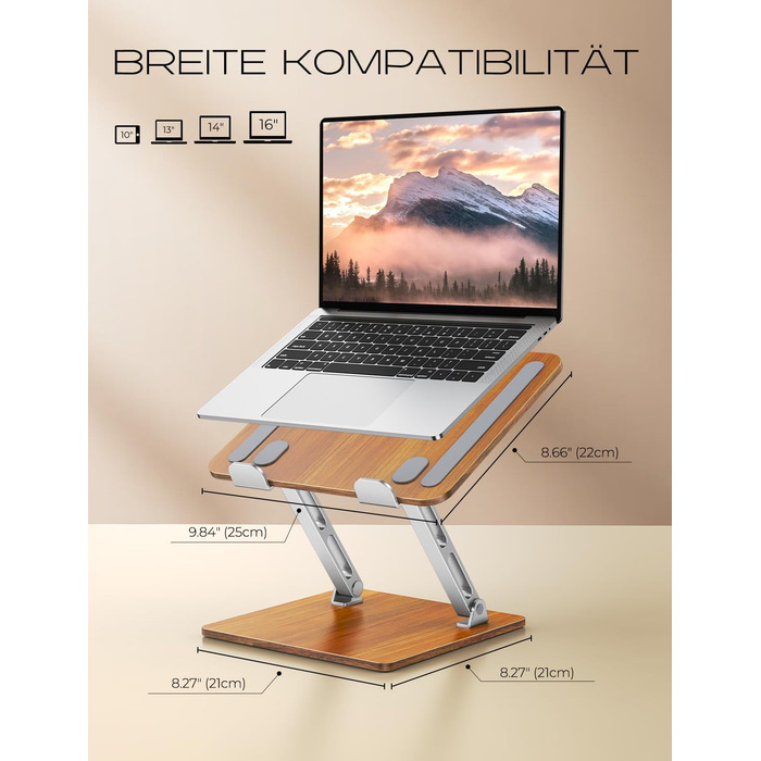 Регульований підставка для ноутбука: алюміній та дерево, складна, сумісна з MacBook, HP (10-16 дюймів)