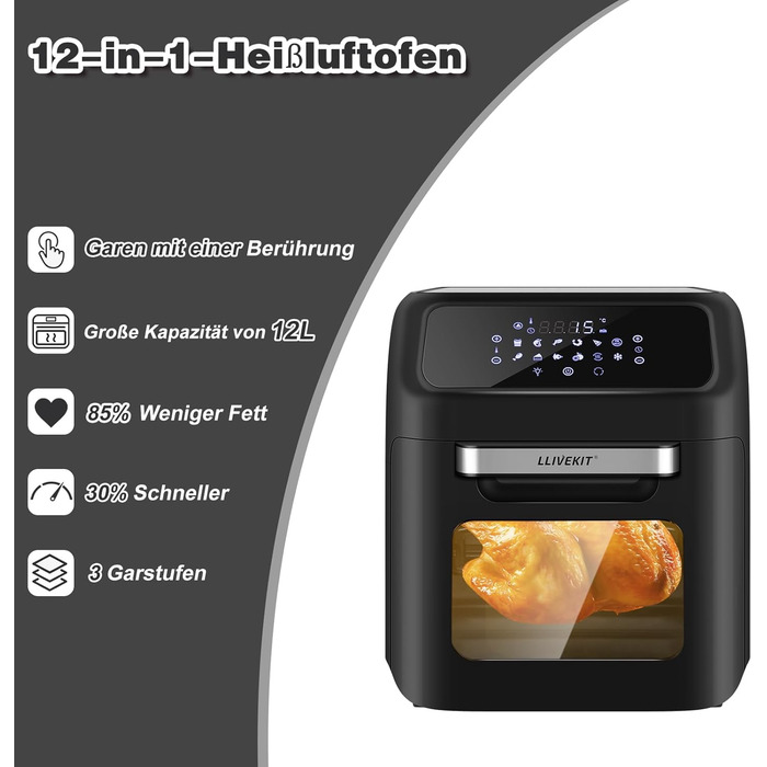 LLIVEKIT Air Fryer Hot Air Oven 12L, 1800W Mini Oven with 6 Accessories & Recipe Book, 12-in-1 Air Fryer with Digital LED Display, Fruit Dehydrator, Barbecue, Oil-Free Air Fryer 12L Black