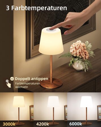 Світлодіодні настільні лампи EZVALO бездротові, 2 шт., IP65, USB-C, димування, 3 режими кольору, для дому та кемпінгу (дерев'яний колір)