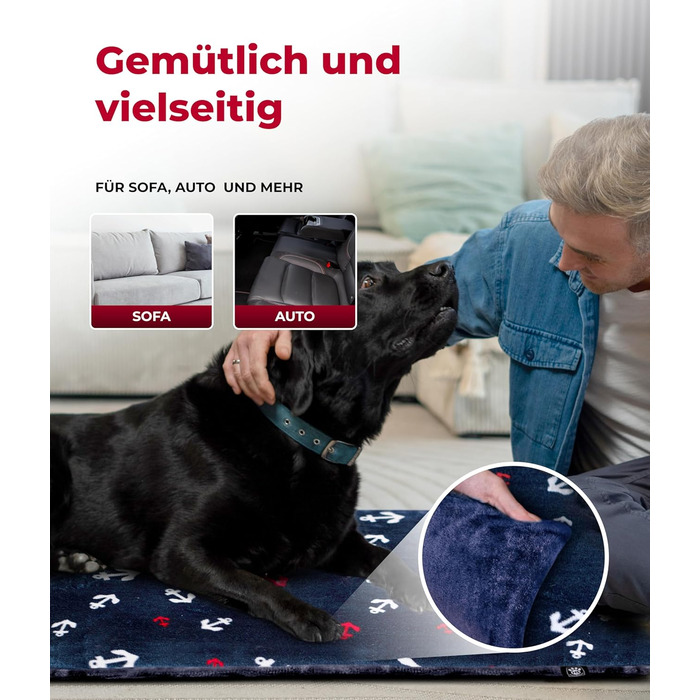 Підстилка для собак XS (45x65 см) – двостороння, м'яка, з наповнювачем 3 см – для дивану, авто, переноски – Made in Germany (75 x 115 см, Колір: Анкер-Блакитний)