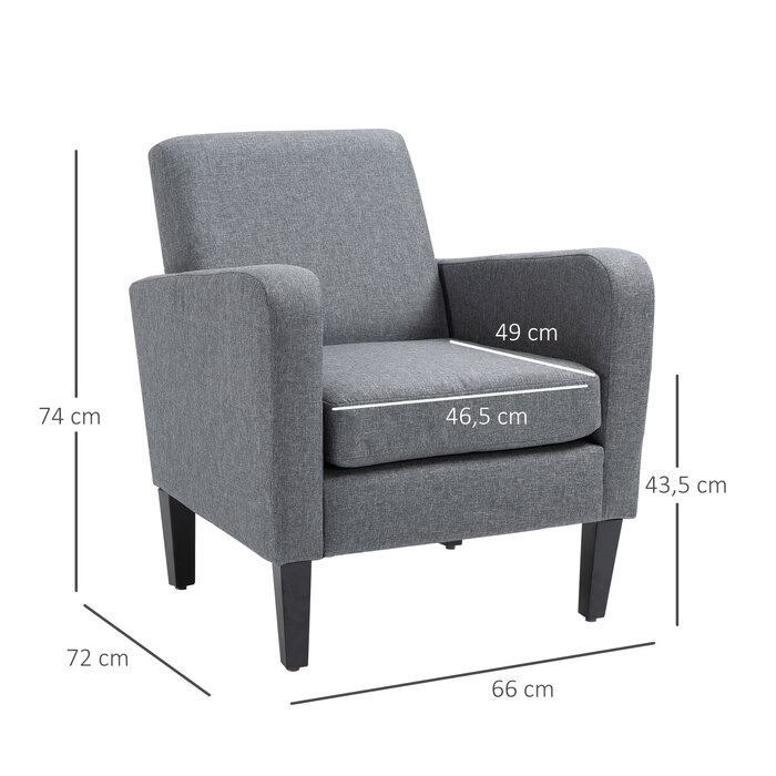 HOMCOM Armchair Single Chair with Cushion, Wooden Feet, Linen Fabric, Light Grey, 66x72x74cm | Aosom