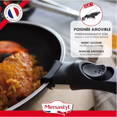 MENASTYL - 3-Piece Pan Set 24/28 cm + 1 Detachable Handle 6020283 – Pans made of aluminum for all types of stovetops including induction - Non-stick coating – Black