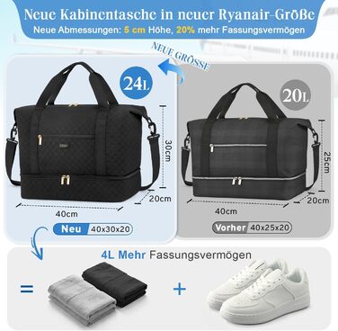 Дорожня сумка ETRONIK для ручної поклажі Ryanair 40x30x20 см, водонепроникна, з відділенням для взуття, чорна