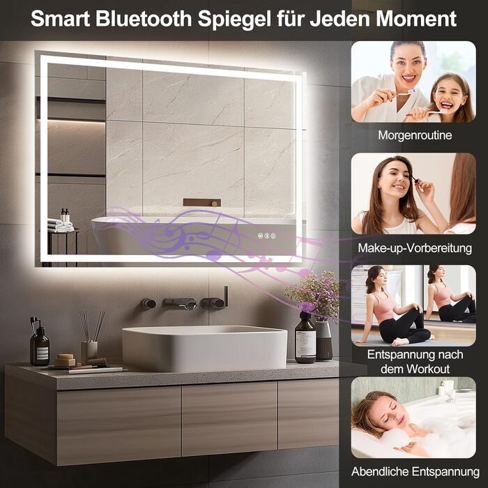 Дзеркало для ванної кімнати зі світлодіодним підсвічуванням 50x70 см, Bluetooth, сенсорне керування