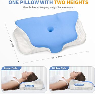 Подушка для шиї Ehomfory з Memory Foam, ергономічна подушка для сну на боці, спині та животі, 62x41x9/12 см, сіро-білий (блакитний)