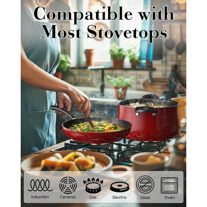 Набір антипригарних сковорідок Cook N Home, 3 шт, індукційні, мармурово-червоні, 20,3/24,9/27,9 см, преміум якість