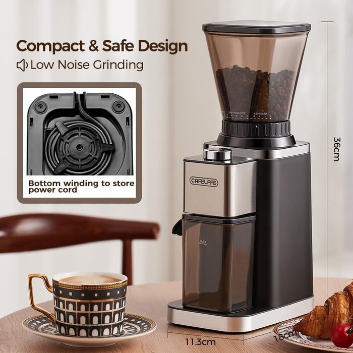 Кавомолка кавова електрична Cafelffe MK-301 з конічним жорнами, 48 ступенів помолу, нержавіюча сталь