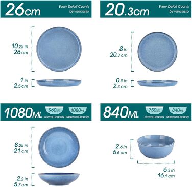 Набір посуду Steingut vancasso ANYA (24 шт.) - синій, сучасний, для 6 осіб, з тарілками, суповими тарілками, десертними тарілками та мисками. Можна мити в посудомийній машині та використовувати в мікрохвильовій печі.