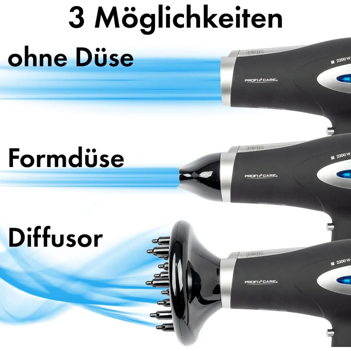 Фен ProfiCare® HTD 3113 чорний з іонізацією 2200W | Легкий туристичний фен з 3 режимами та 2 рівнями швидкості | Cool-Shot, насадка-дифузор та насадка для укладання