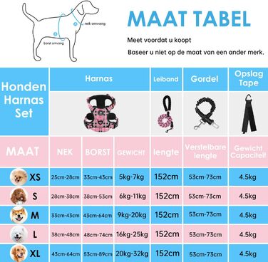 Шлейка для собак середнього розміру NESTROAD, розмір M, анти-тягнуча, з гамаком, безпечна, для собак, середній розмір, обхват шиї 33~43 см, обхват грудей 43~64 см, з підкладкою, рожевий принт