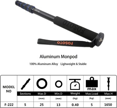 Штатив для камери FOSOTO з алюмінію, 5 секцій, 165 см, чорний + синій (сумісний з Canon, Nikon, Sony, Panasonic, DSLR)