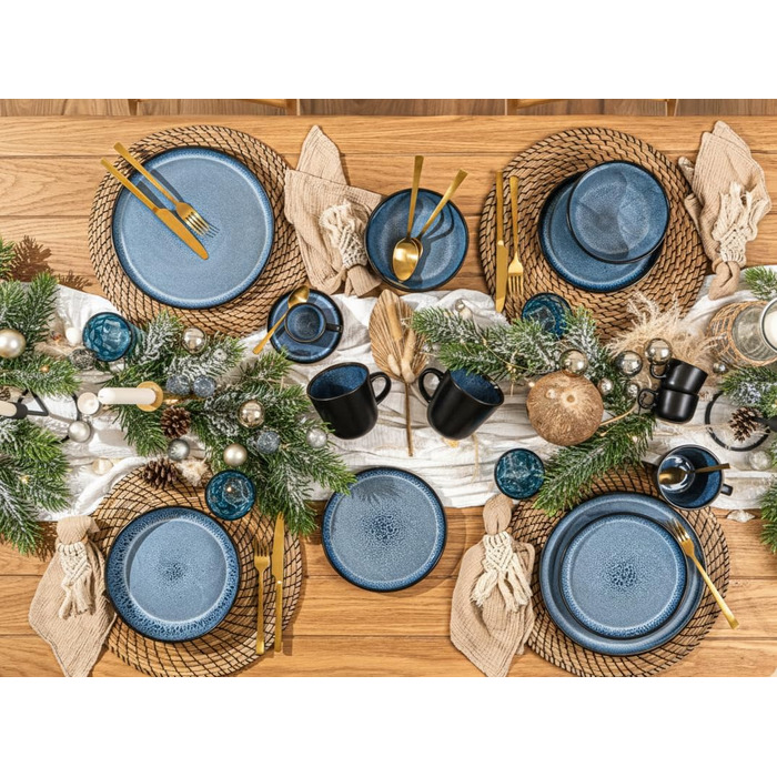 SÄNGER Aruba: Комплект посуду 30 предметів для 6 осіб | Керамічний посуд, миючий посуд, посуд для мікрохвильової печі, синій з чорним обідком