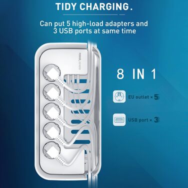 Клема з кабельною коробкою білого кольору, мережевий фільтр із 5 розетками та 3 USB-портами, органайзер для столу, коробка для кабелів з адаптером розеток, 29.5 * 14 * 14 см, кабель 2 м білий