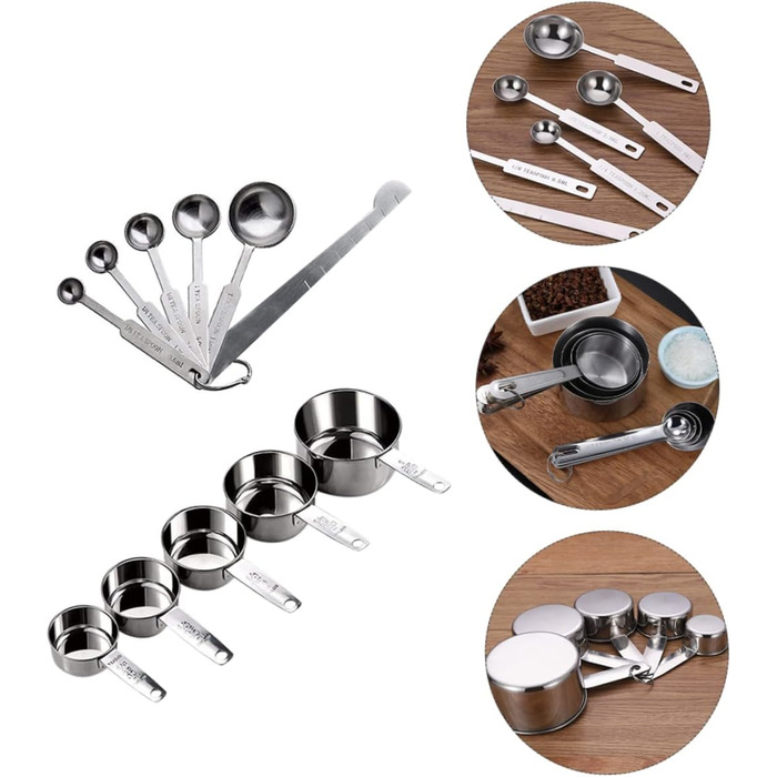 2 Measuring spoons, baking, kitchen machine, cookware, kitchenware, cookrings, saucer, kitchen scales, measuring cup, measuring spoons (scaled, graduated), stainless steel, silver.