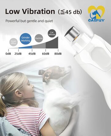 Електричний точилка для кігтів собак Casfuy - 6 режимів, 45 dB, з LED-підсвічуванням, для великих, середніх та малих собак, з захистом від пилу (білий)