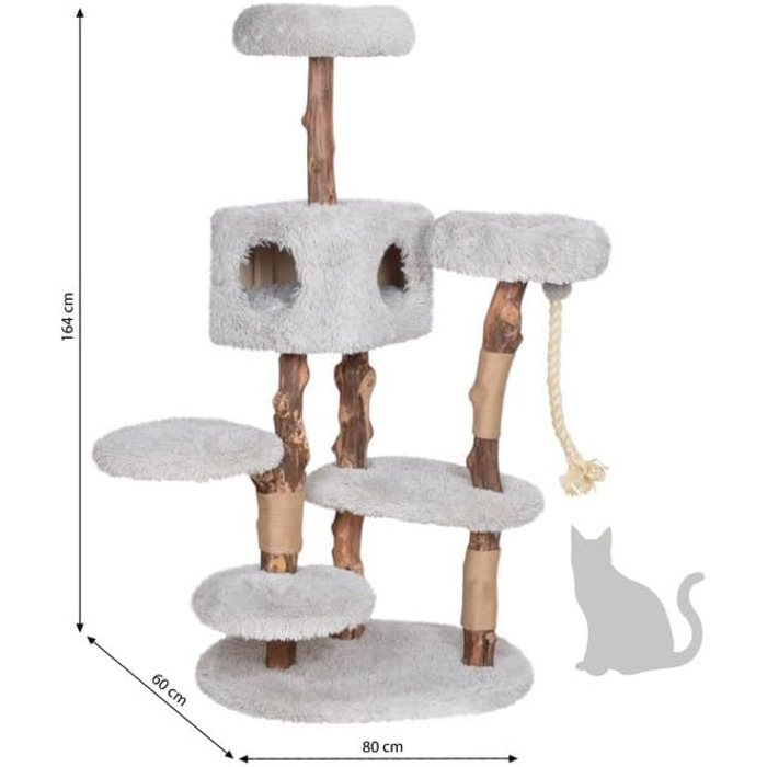 Преміум котячий будиночок Dehner Lovely з когтеточками | Будинок, лежанка, когтедрап | Дерево, плюш, сизаль | Для великих та маленьких котів | Стабільний, сучасний, сірий | 80 x 164 x 60 см