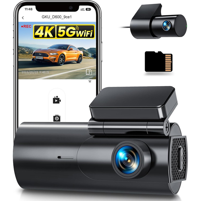 Відеореєстратор GKU Dashcam Auto: 4K+1080P, WiFi 2.4/5GHz, SD 64GB, Паркувальний режим, Нічне бачення, WDR, 170° Кут огляду, G-сенсор, Циклічна запис, Керування через APP, Чорний