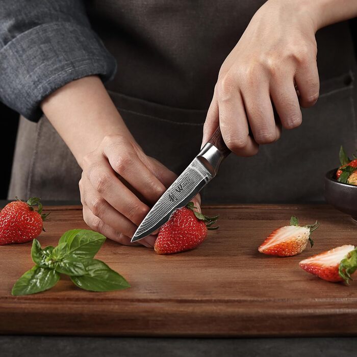 Набір кухонних ножів Wakoli EDIB Damast: 4 ножі з дамаської сталі (67 шарів) з VG10 серцем та дерев'яною ручкою. Включає: Сантоку, Офісний ніж, Ніж для м'яса. У подарунковій коробці.