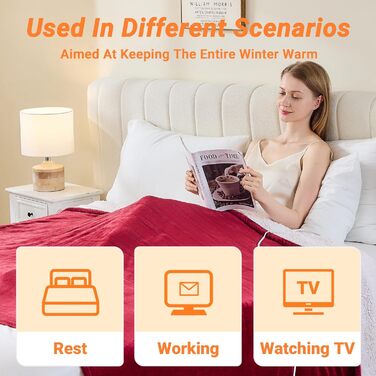 Електрична ковдра з підігрівом 130x180 см, 10 режимів нагріву, таймер автовимкнення, захист від перегріву, машинне прання, червона