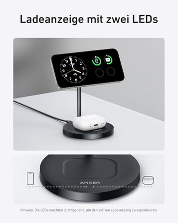Anker MagGo 15W Magsafe Зарядний пристрій: 2-в-1 Індукційна станція, Qi2 Бездротовий заряд для iPhone 16/15/14/13/12, AirPods Pro, з USB-C кабелем 1.5м, чорний