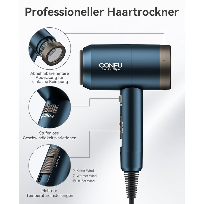 Іонізатор для волосся Föhn, 1800W, з насадкою-дифузором, 3 режими температури, безліч налаштувань швидкості, портативний фен (блакитний)