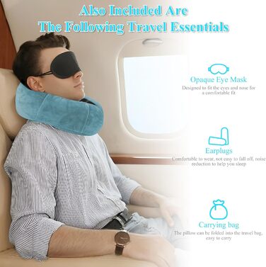Подушка для шиї у вигляді їжачка Memory Foam для подорожей, дорослі, з навушниками, маскою для очей та сумкою, м'яка, дихаюча, для авто, літака, кемпінгу, офісу, блакитна