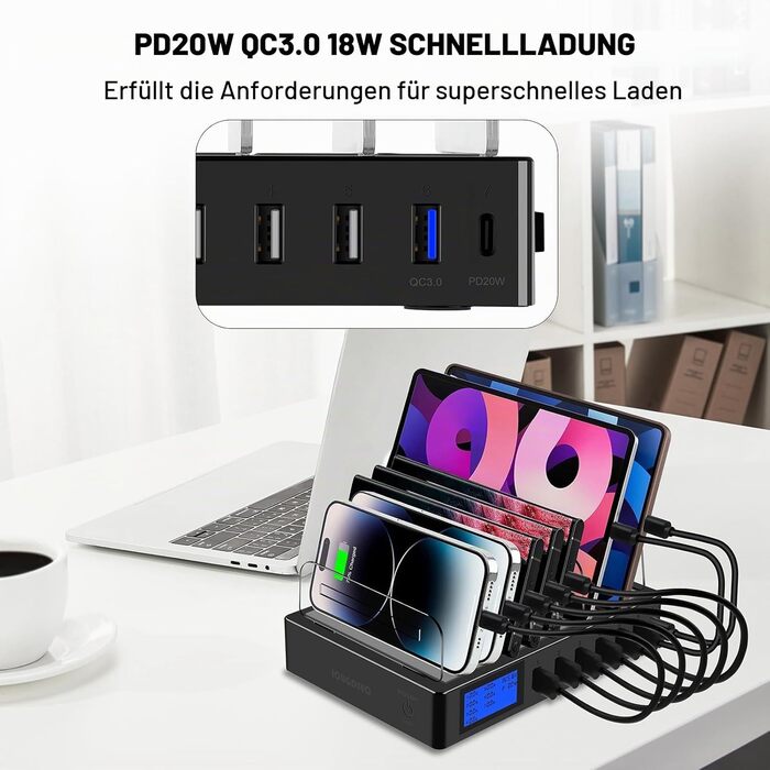 Зарядний пристрій Schnellladestation PD20W QC3.0 7-в-1 з LCD-дисплеєм, Multi-USB, для iPhone, iPad, Samsung, Huawei - Чорний