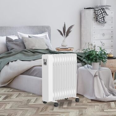 Масляний радіатор Fiqops 2500W з WiFi, термостатом та пультом керування, 11 ребер, 3 режими нагріву, захист від перегріву, білий