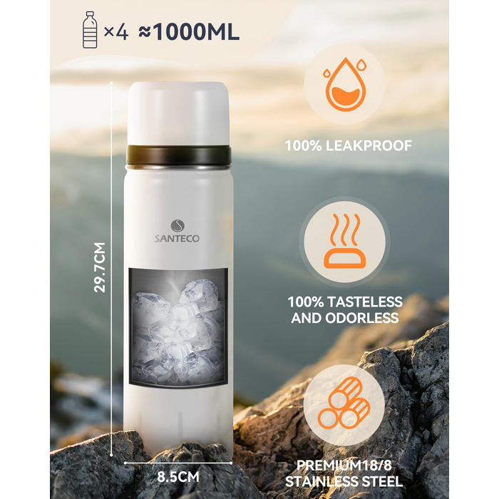 Термос-термокана з нержавіючої сталі SANTECO 1л, 500мл, не протікає, з кришкою-чашкою для подорожей. Термос для кави та чаю для дітей, спорту, без BPA, 24 години холод, 12 годин тепло (білий, 1000 мл)