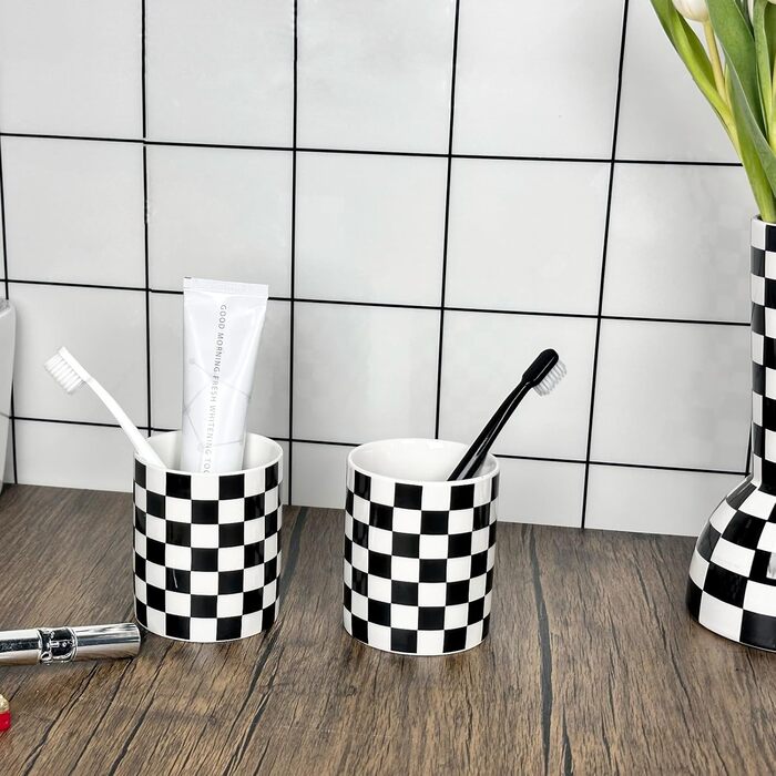 Bathroom Toothbrush Holder, Bathroom, Toothbrush Holder Set, Modern, Cute, Toothbrush and Toothpaste Holders for Bathroom, Countertop, Organizer, Black and White Plaid Decor