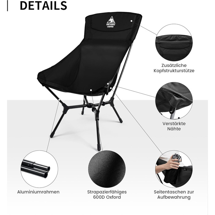 Кемпінговий стілець OneTigris OASISFLEX складний високий, вантажопідйомність 150 кг, чорний. Стілець для риболовлі, походу, відпочинку на природі з бічними кишенями