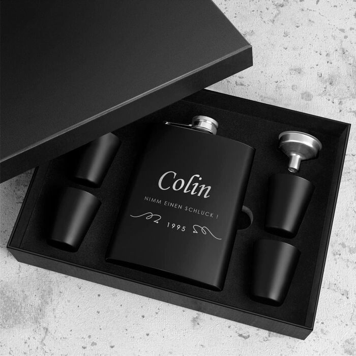 Набір Maverton Flachmann Set: фляга 200 мл з гравіюванням + 4 склянки для шнапсу 20 мл та воронка - фляга для чоловіків, матовий чорний колір