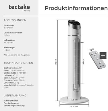 Турбо-вентилятор Tectake з пультом та таймером: тихий, мобільний, 3 швидкості, 31 x 90 см