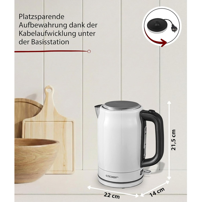 Електричний чайник Cloer 4511 з нержавіючої сталі, 2200 Вт, білий, 1.7 л, з індикатором рівня води та захистом від сухого кипіння та перегріву