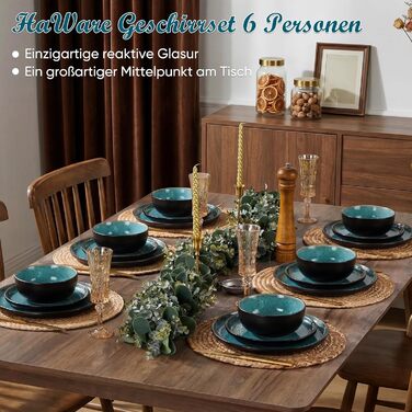 Набір посуду HaWare для 6 осіб, 18 предметів: тарілки, десертні тарілки, миски, стельова глазур, посуд для сервірування столу, блакитний колір, безпечний для мікрохвильовки та посудомийної машини