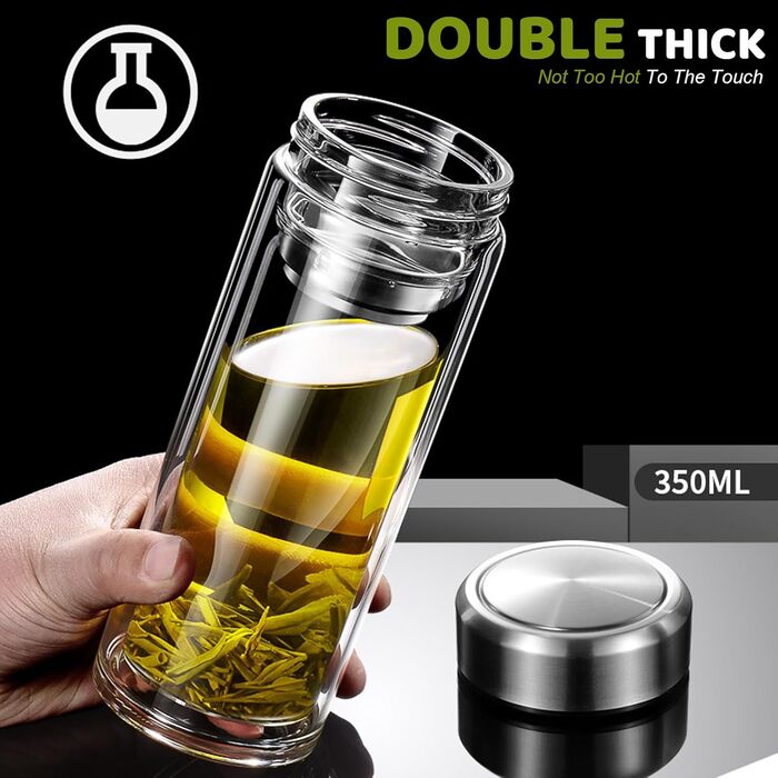 Double-walled glass tea bottle, 1 liter, with 2-in-1 stainless steel strainer for on-the-go use. 1000ml large volume, tea bottle 100% leak-proof, 1 l (350ml single serve).