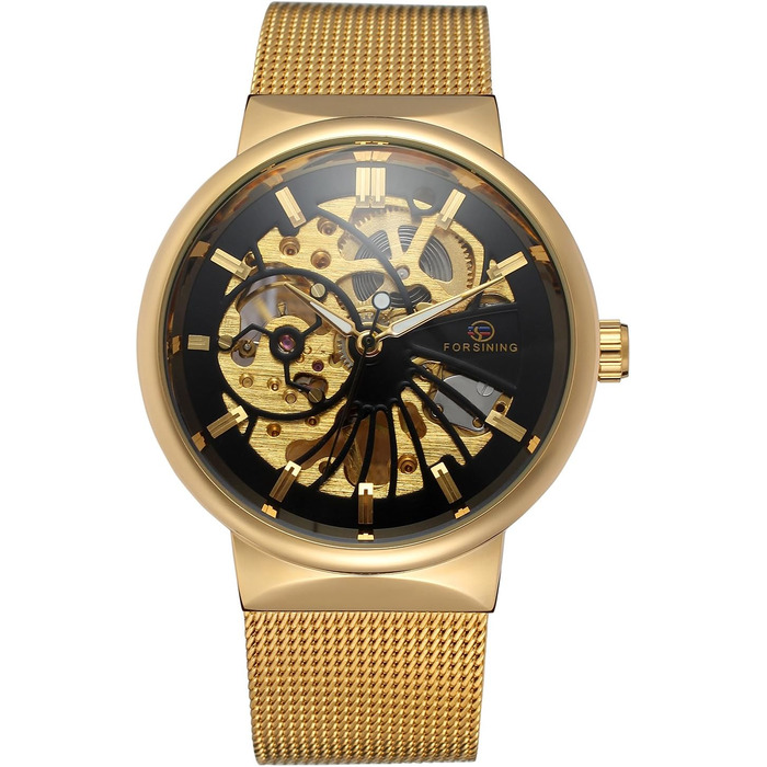 Чоловічий механічний годинник FORSINING з тонким корпусом та браслетом зі сталі (Золотий)