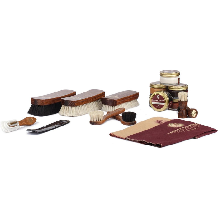 Langer & Messmer Shoe Care Set including high-quality leather care creams and horsehair brushes for effective care of your smooth leather shoes - The shoe care set for professional shoe care.