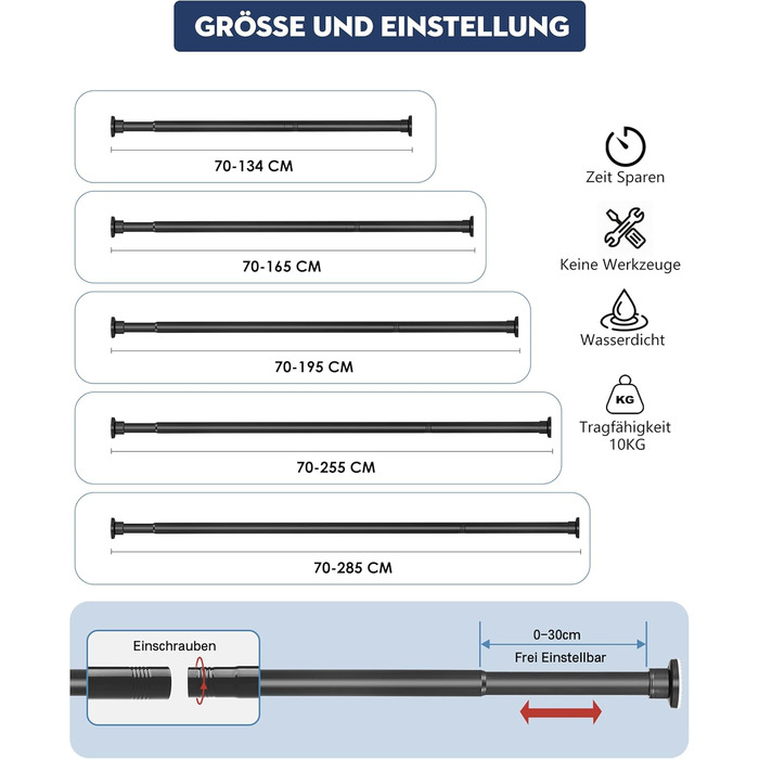 Штанга для душу без свердління, штанга для ванни, нержавіюча сталь, телескопічна, 70-195 см, чорна